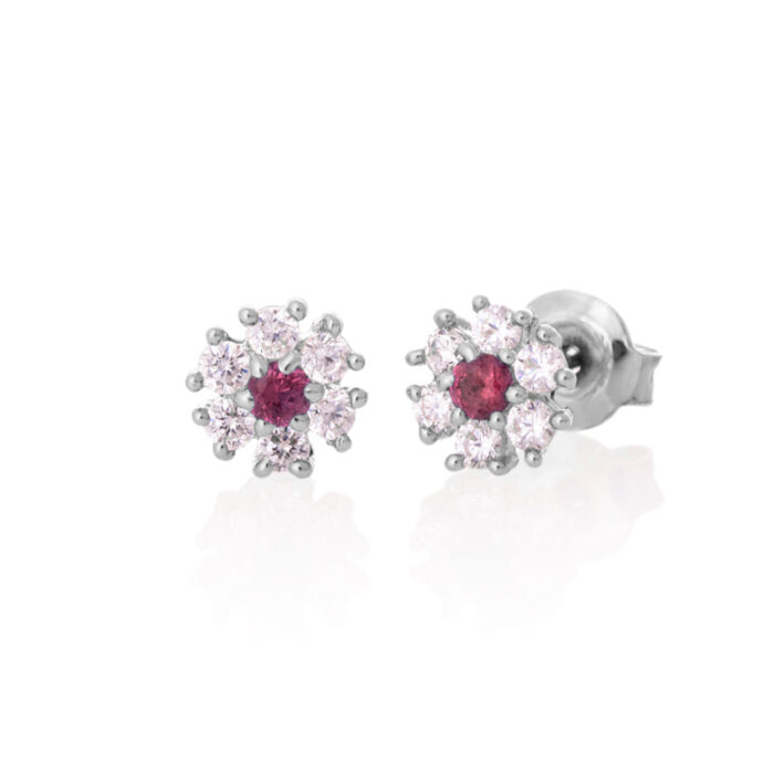 Minđuše- Cvetići od zlata sa belim i crvenim cirkonom