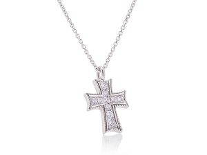 Necklace with a diamond cross, white gold