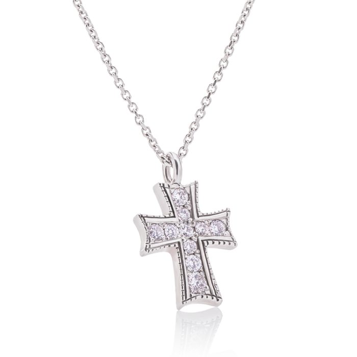 Necklace with a diamond cross, white gold