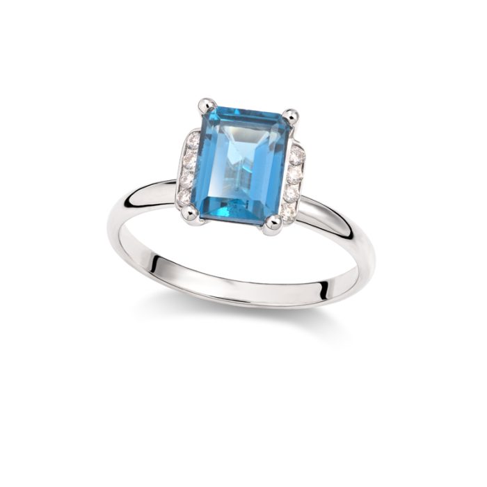Prsten sa emerald cut London plavim topazom i dijamantima