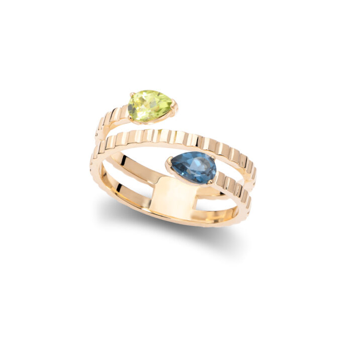 Prsten sa pear shape plavim topazom i peridotom