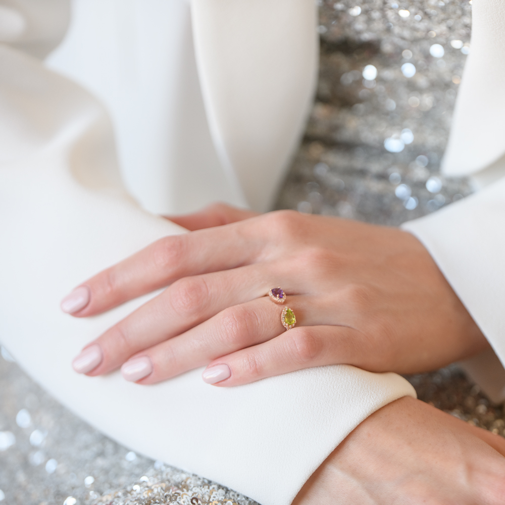 Brilijantski prsten sa pear shape ametistom i peridotom - Slika 4