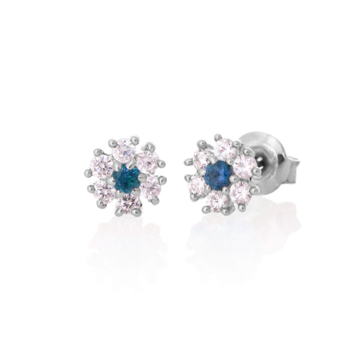 Minđuše- Cvetići od zlata sa belim i plavim cirkonom