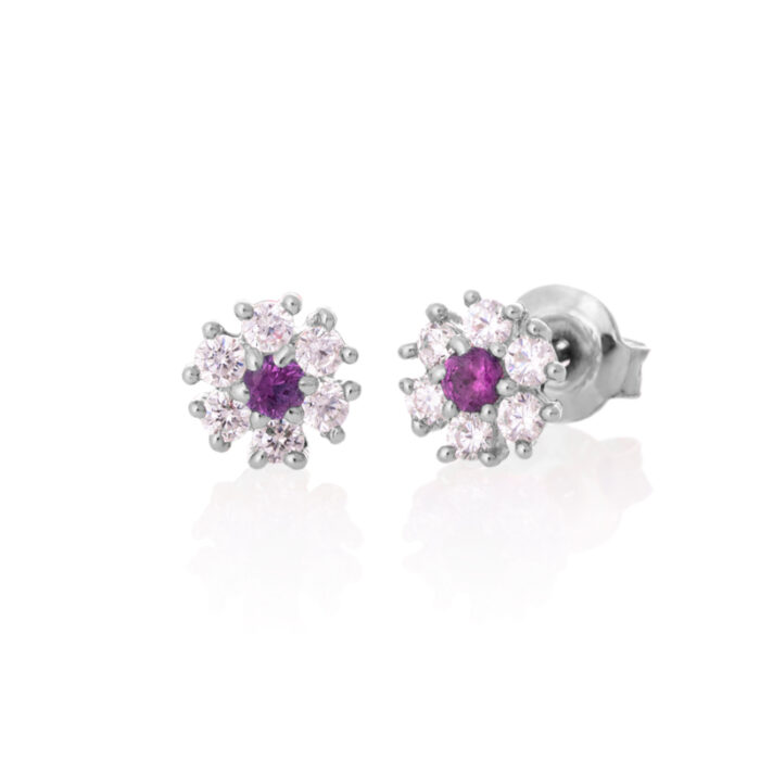 Minđuše- Cvetići od zlata sa belim i ljubičastim cirkonom