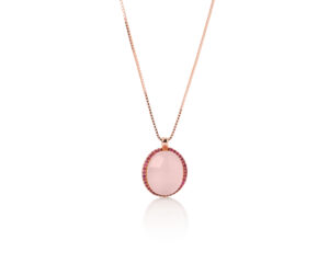 Ogrlica sa ovalnim roze kvarcom i rubinima