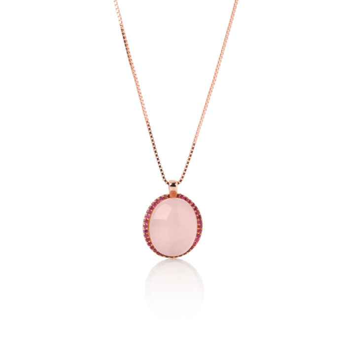 Ogrlica sa ovalnim roze kvarcom i rubinima