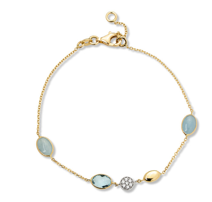 Zlatna narukvica sa akvamarinom, plavim topazom i cirkonima