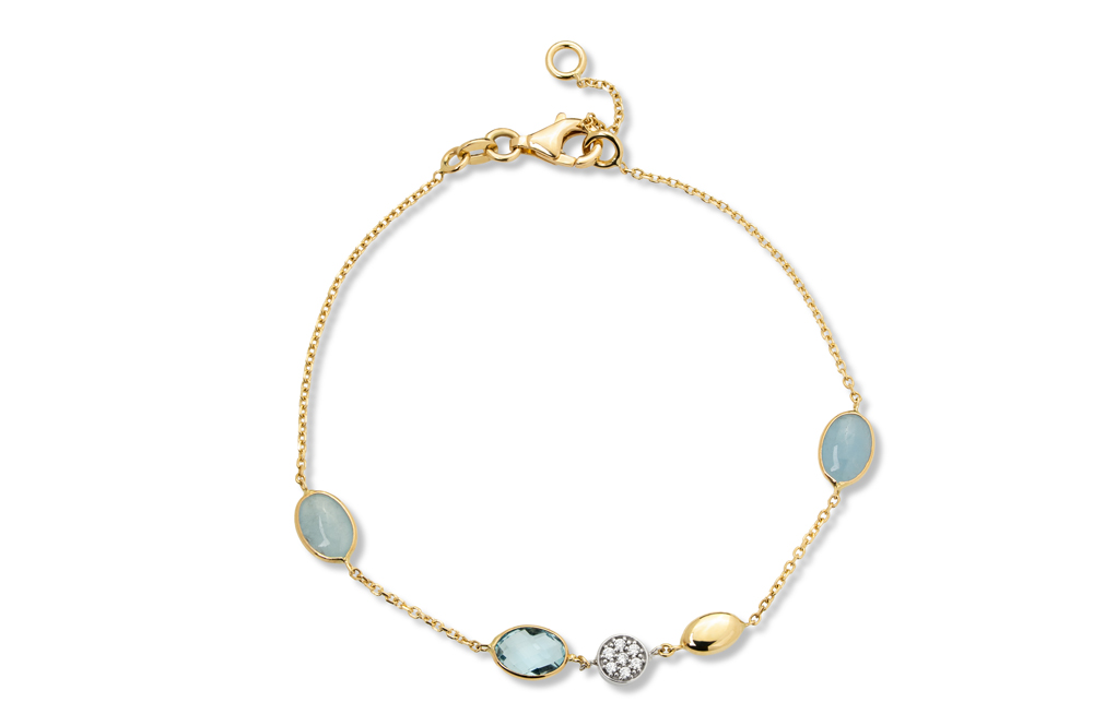 Zlatna narukvica sa akvamarinom, plavim topazom i cirkonima